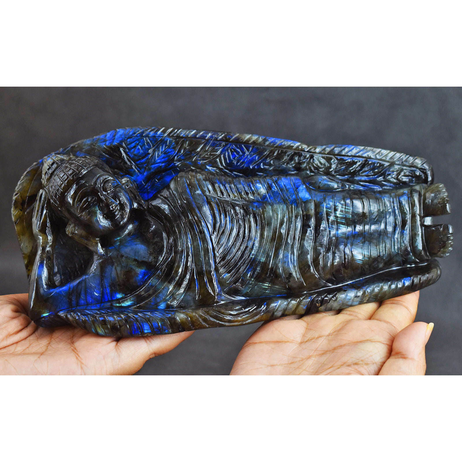 gemsmore:Awesome Royal Blue Flash Labradorite  Hand Carved Genuine Crystal Gemstone Sleeping Mudra Lord Buddha Carving