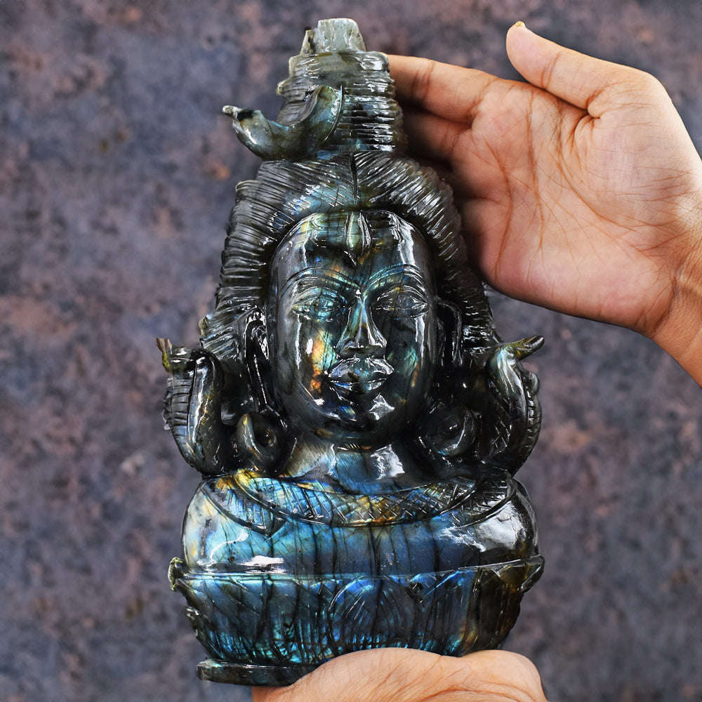 gemsmore:Beautiful 16785.00 Cts  Genuine  Blue & Golden Flash  Labradorite Hand Carved Lord  Shiva Head Gemstone Carving
