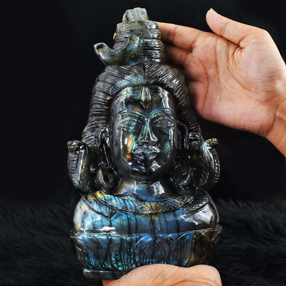 gemsmore:Beautiful 16785.00 Cts  Genuine  Blue & Golden Flash  Labradorite Hand Carved Lord  Shiva Head Gemstone Carving