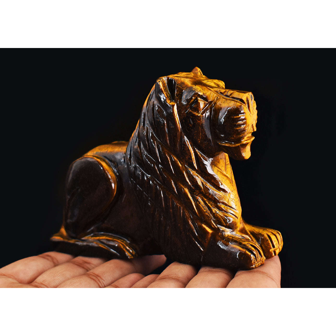 gemsmore:Beautiful  1920.00  Cts  Genuine  Golden Tiger Eye Hand Carved Crystal Gemstone Carving Lion