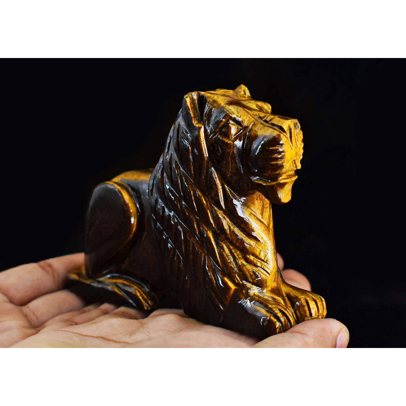 gemsmore:Beautiful  1920.00  Cts  Genuine  Golden Tiger Eye Hand Carved Crystal Gemstone Carving Lion