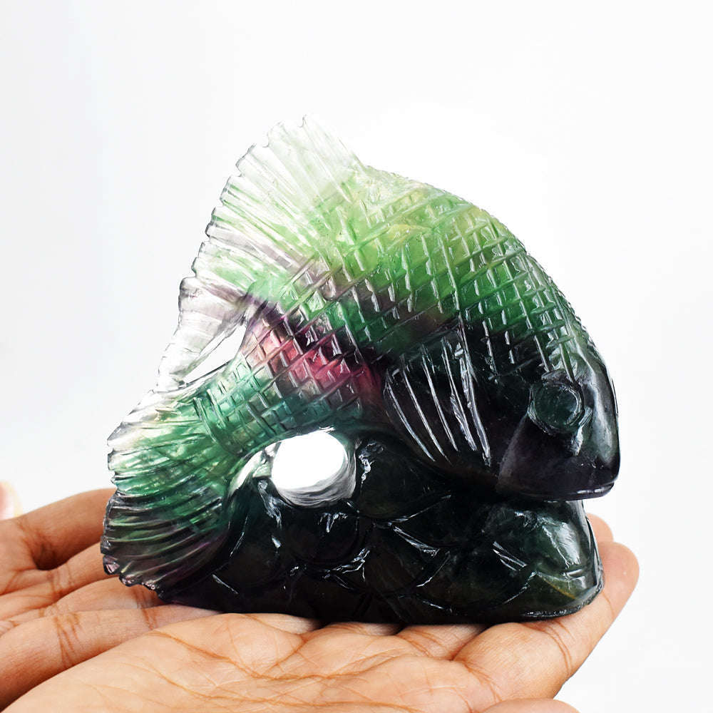 gemsmore:Beautiful  2421.00  Cts  Genuine  Multicolor Fluorite Hand Carved Craftsmen Carved Fish Gemstone