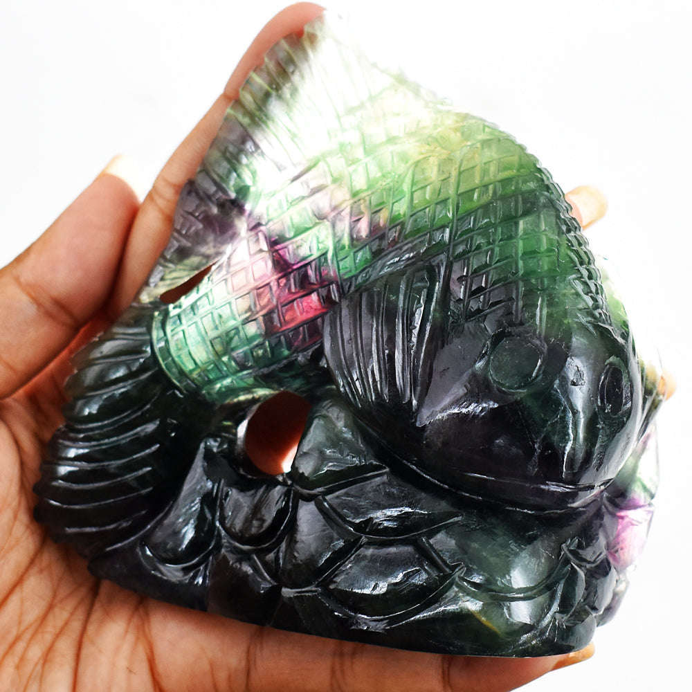 gemsmore:Beautiful  2421.00  Cts  Genuine  Multicolor Fluorite Hand Carved Craftsmen Carved Fish Gemstone