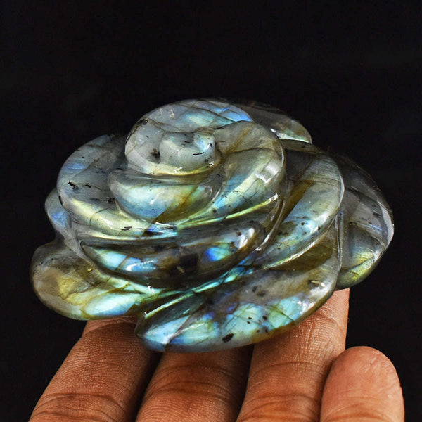 gemsmore:Beautiful  603.00 Cts  Amazing Flash Labradorite Hand  Carved  Rose  Gemstone  Carving