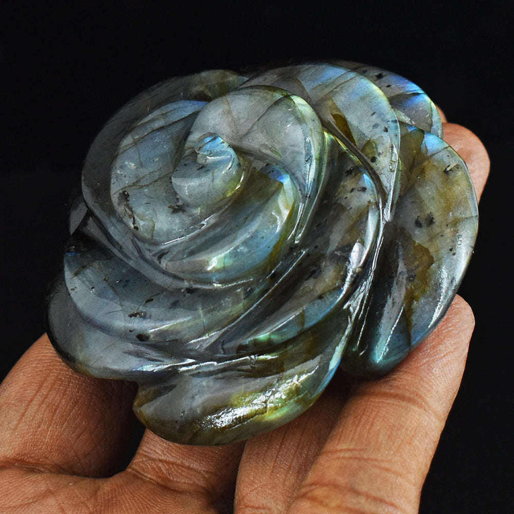gemsmore:Beautiful  603.00 Cts  Amazing Flash Labradorite Hand  Carved  Rose  Gemstone  Carving