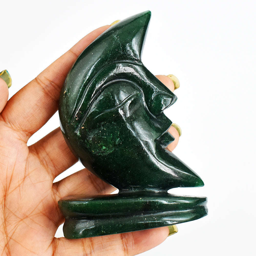 gemsmore:Beautiful  887.00  Cts Genuine  Green Jade Moon With Stand Hand Carved Gemstone Carving