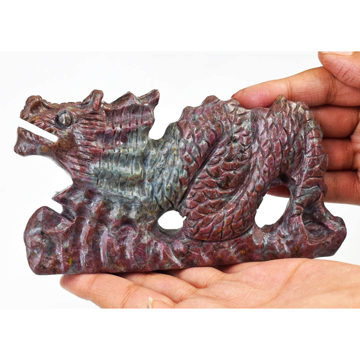 gemsmore:Beautiful Ruby In kyanite Hand Carved Genuine Crystal Gemstone Carving Dragon