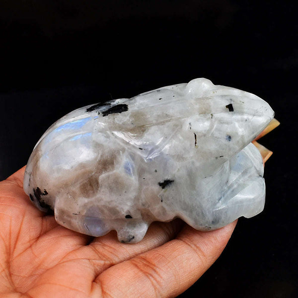 gemsmore:Beautiful`Blue Flash Moonstone  Hand Carved Genuine Crystal Moonstone Carving Frog