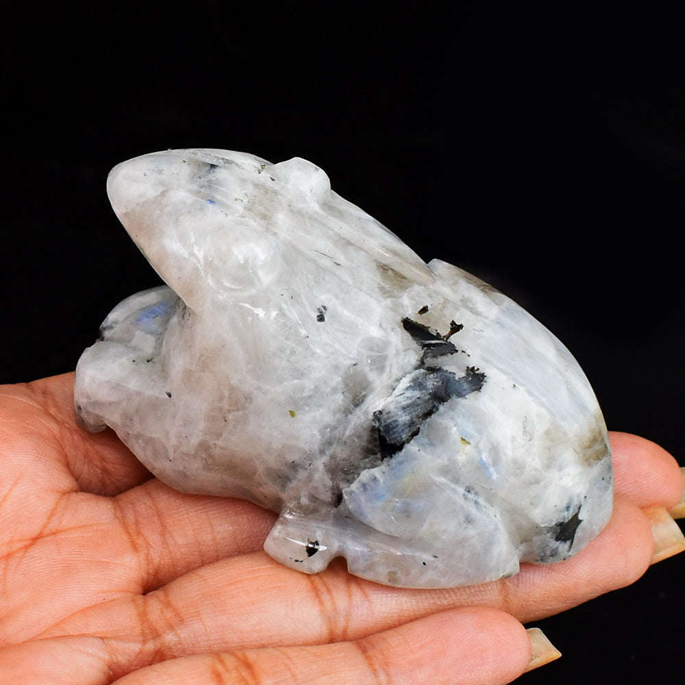 gemsmore:Beautiful`Blue Flash Moonstone  Hand Carved Genuine Crystal Moonstone Carving Frog