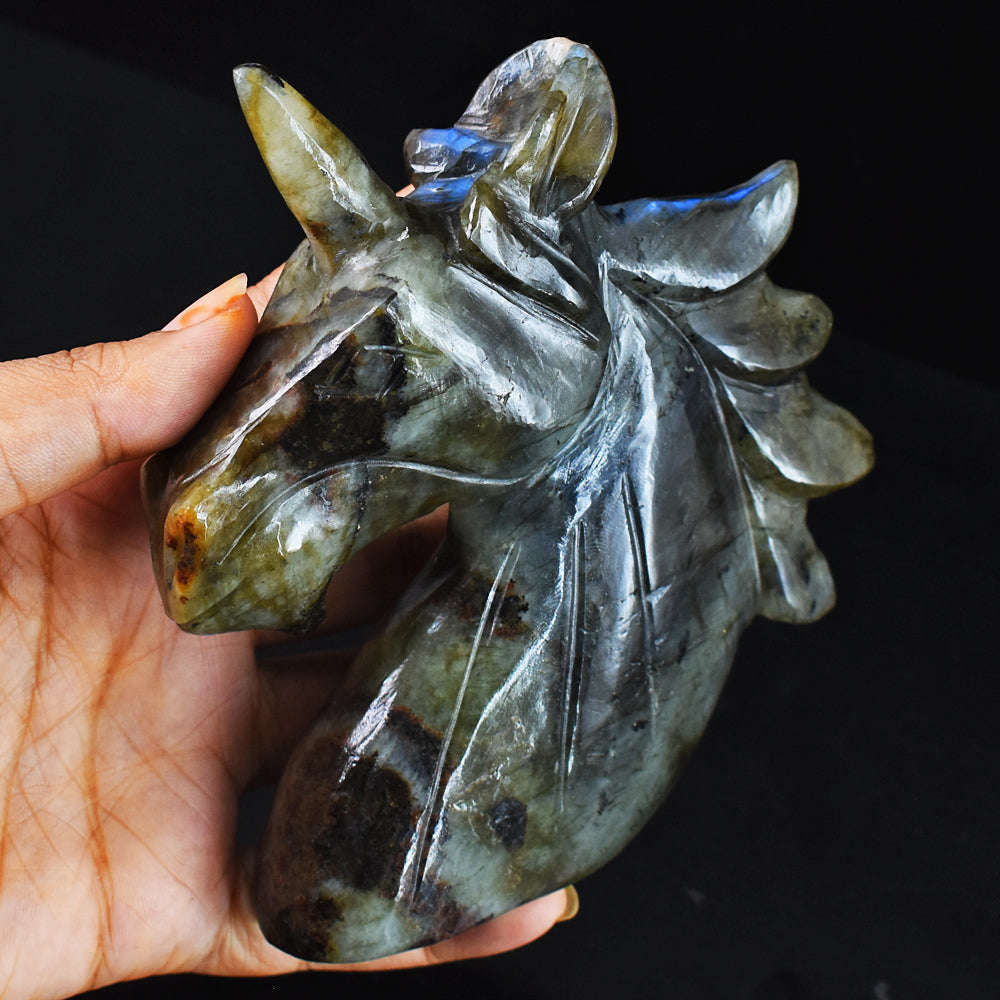 gemsmore:Blue  Flash  Labradorite  1650.00  Cts Genuine Hand Carved Unicorn Head Gemstone Carving