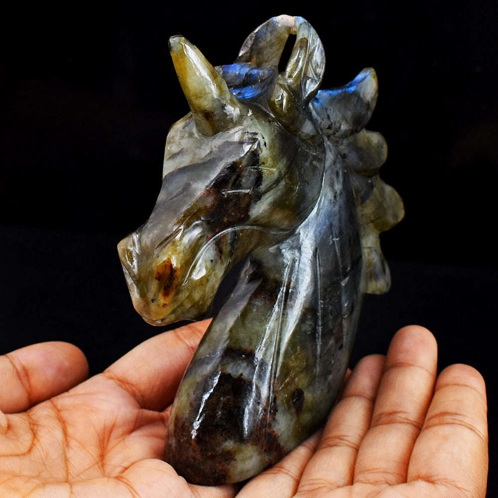 gemsmore:Blue  Flash  Labradorite  1650.00  Cts Genuine Hand Carved Unicorn Head Gemstone Carving