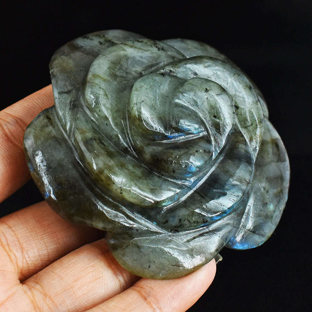 gemsmore:Blue Flash Labradorite 490.00 Cts  Genuine  Hand Carved  Gemstone Rose Flower