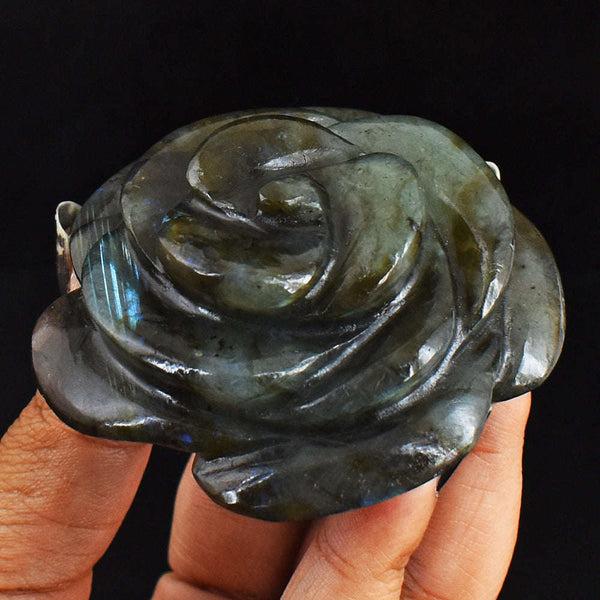 gemsmore:Blue Flash Labradorite 538.00 Cts  Genuine  Hand Carved  Gemstone Rose Flower Carving
