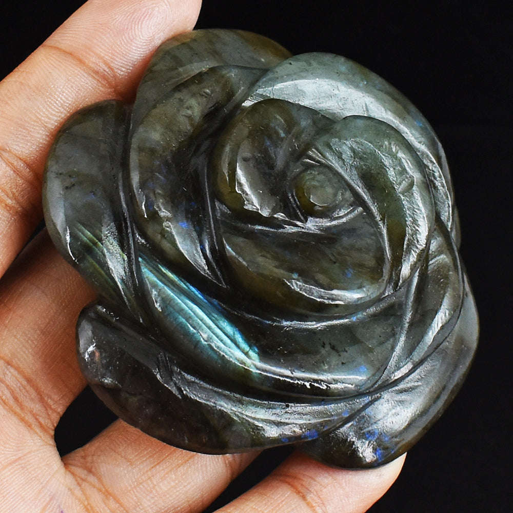 gemsmore:Blue Flash Labradorite 538.00 Cts  Genuine  Hand Carved  Gemstone Rose Flower Carving