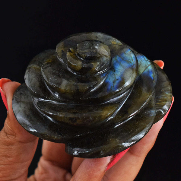 gemsmore:Blue  Flash Labradorite 872.00 Carats  Genuine  Hand Carved  Gemstone  Rose Flower Carving