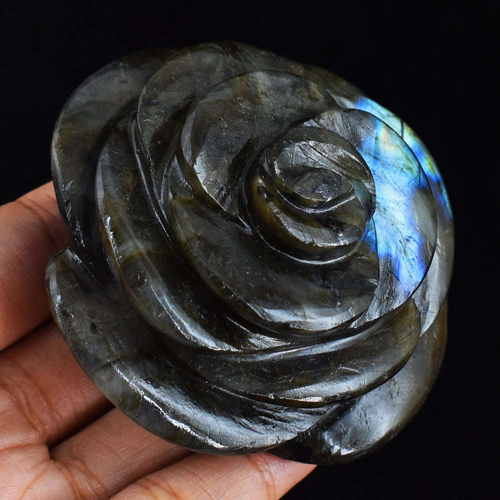 gemsmore:Blue  Flash Labradorite 872.00 Carats  Genuine  Hand Carved  Gemstone  Rose Flower Carving