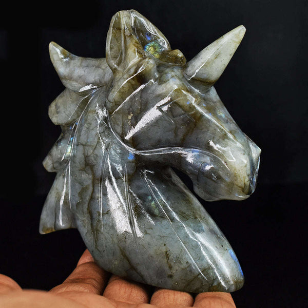 gemsmore:Blue Flash Labradorite  Hand Carved  1583.00 Cts  Unicorn Head Gemstone Carving