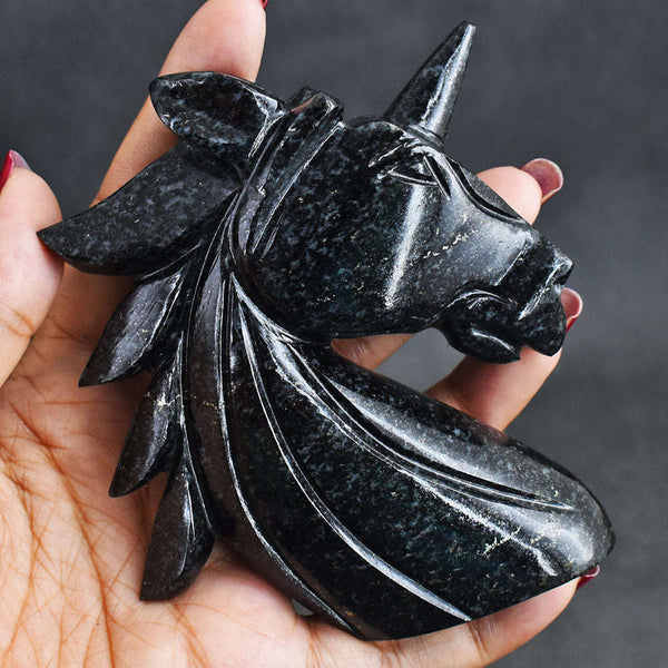 gemsmore:Craftsmen 1476.00 Cts  Black Tourmaline  Hand  Carved  Crystal Gemstone  Carving Unicorn Head