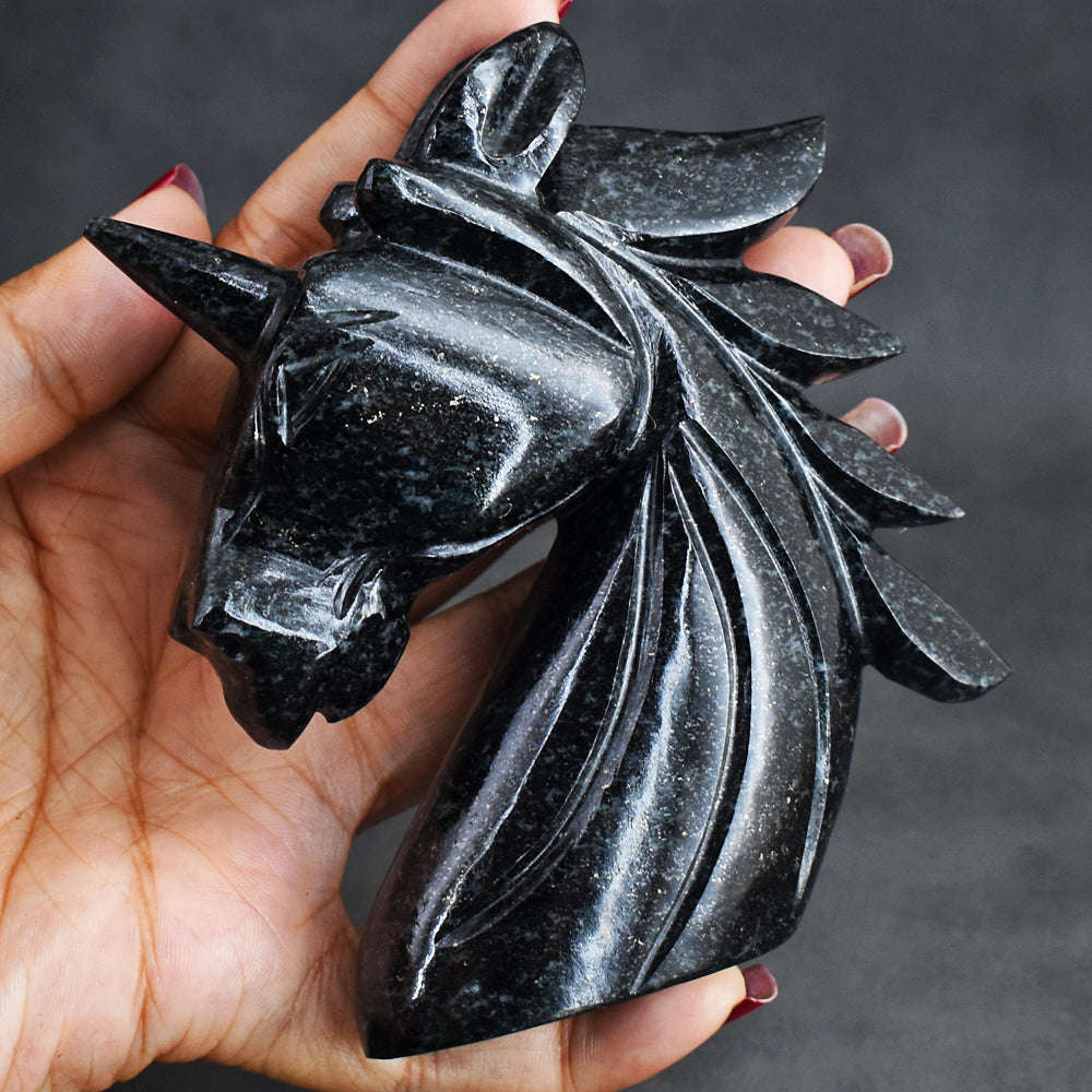 gemsmore:Craftsmen 1476.00 Cts  Black Tourmaline  Hand  Carved  Crystal Gemstone  Carving Unicorn Head