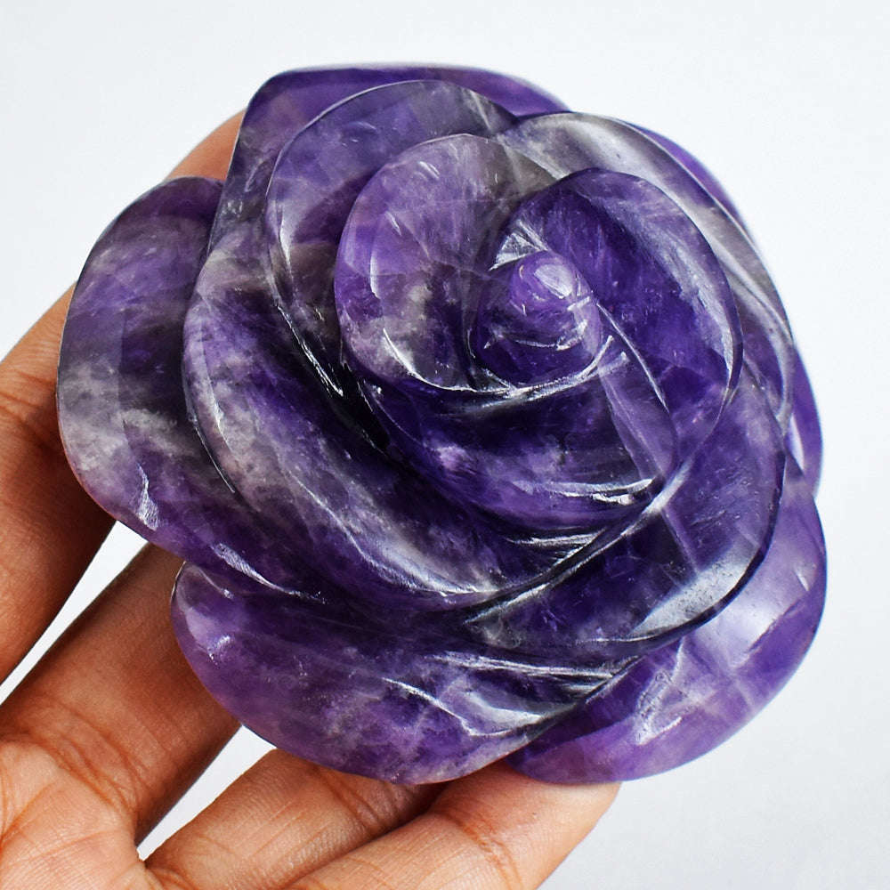 gemsmore:Craftsmen  895 .00 Cts Genuine  Amethyst Hand Carved Rose Flower Gemstone