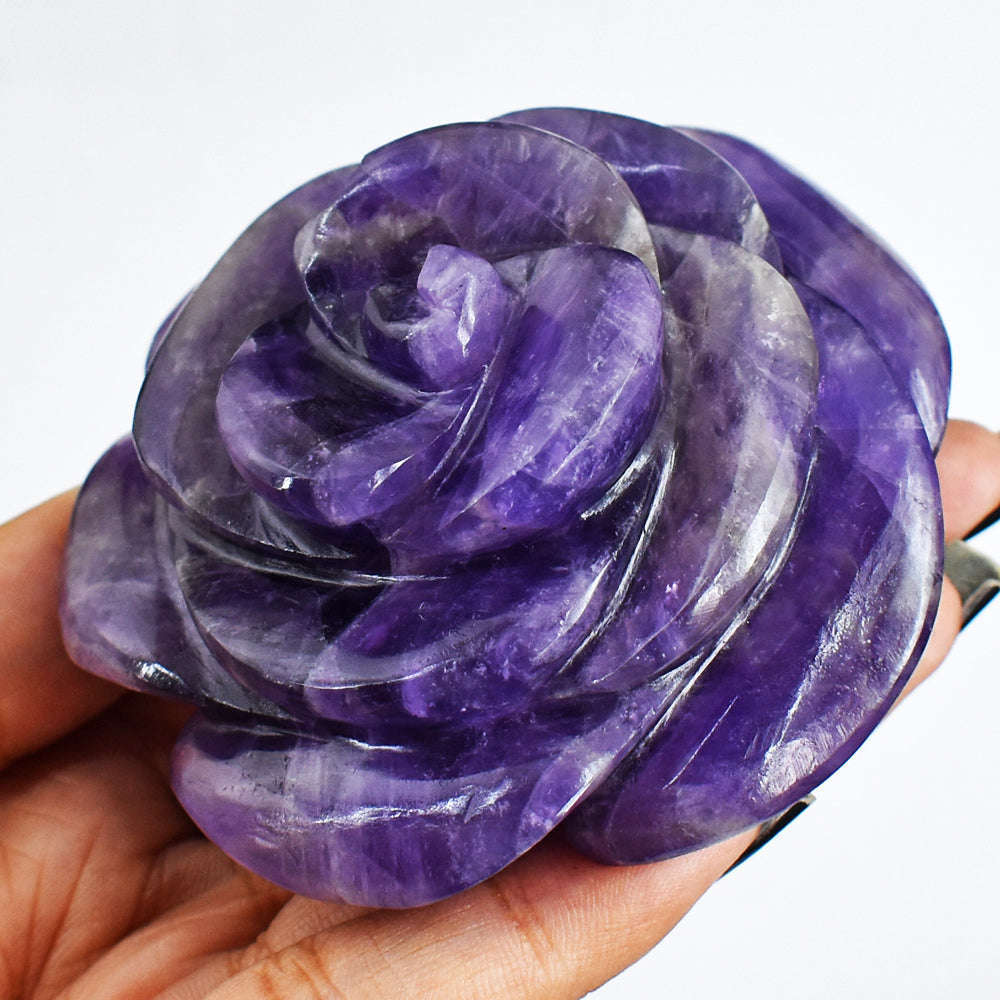 gemsmore:Craftsmen  895 .00 Cts Genuine  Amethyst Hand Carved Rose Flower Gemstone