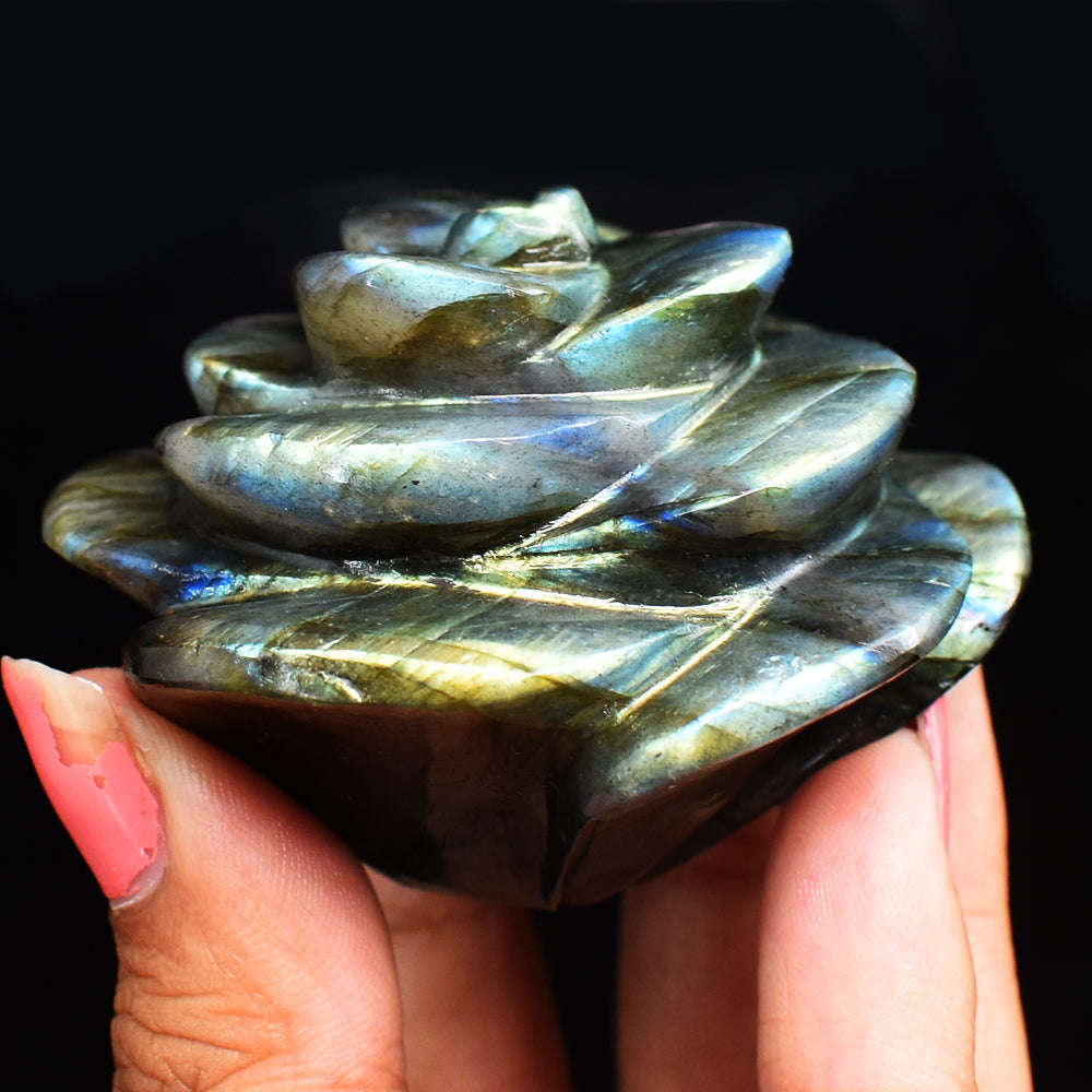 gemsmore:Craftsmen  Amazing Flash Labradorite  475.00 Carats  Genuine  Hand Carved  Gemstone  Rose Flower Carving