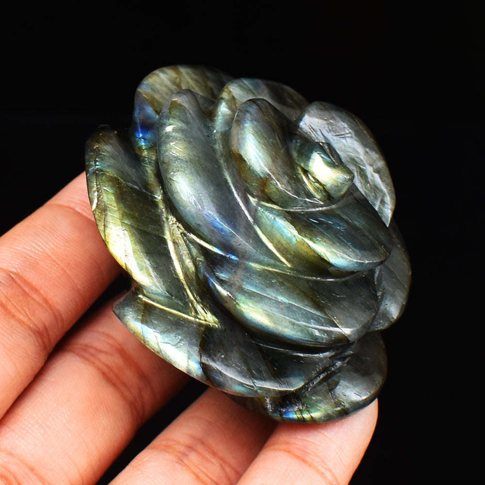 gemsmore:Craftsmen  Amazing Flash Labradorite  475.00 Carats  Genuine  Hand Carved  Gemstone  Rose Flower Carving