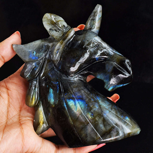 gemsmore:Craftsmen  Amazing Flash  Labradorite Hand  Carved  Genuine Crystal Gemstone Carving Unicorn Head