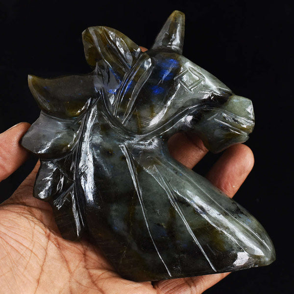 gemsmore:Craftsmen Blue Flash  Labradorite Hand Carved Genuine Crystal Gemstone Carving Unicorn Head