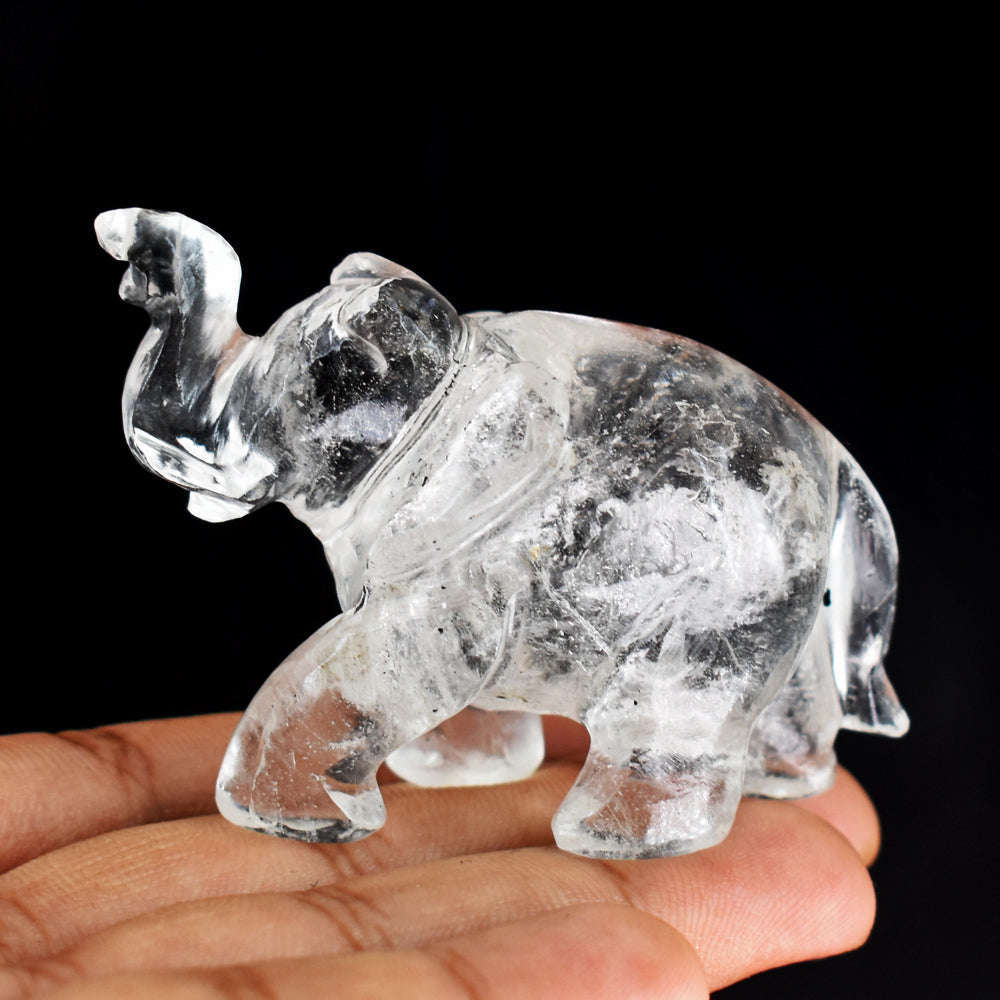 gemsmore:Craftsmen  White  Quartz  Hand Carved Genuine Crystal Gemstone Carving  Elephant