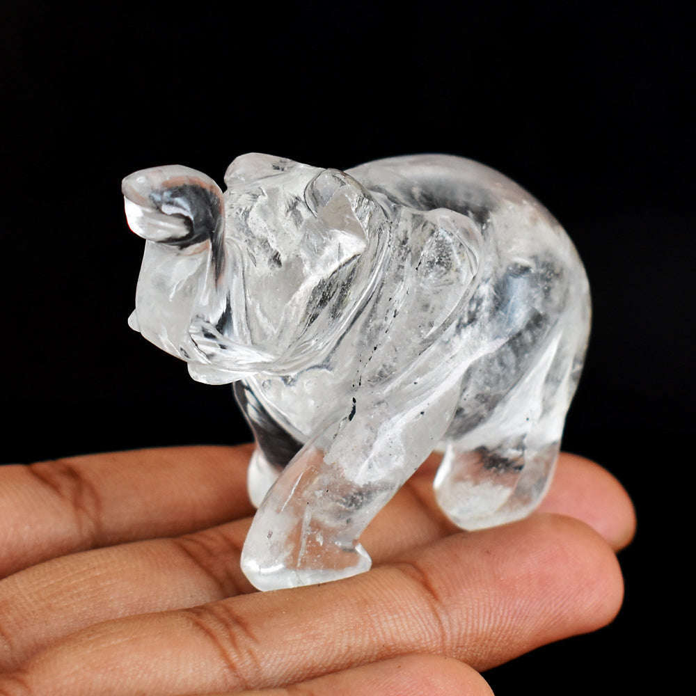 gemsmore:Craftsmen  White  Quartz  Hand Carved Genuine Crystal Gemstone Carving  Elephant