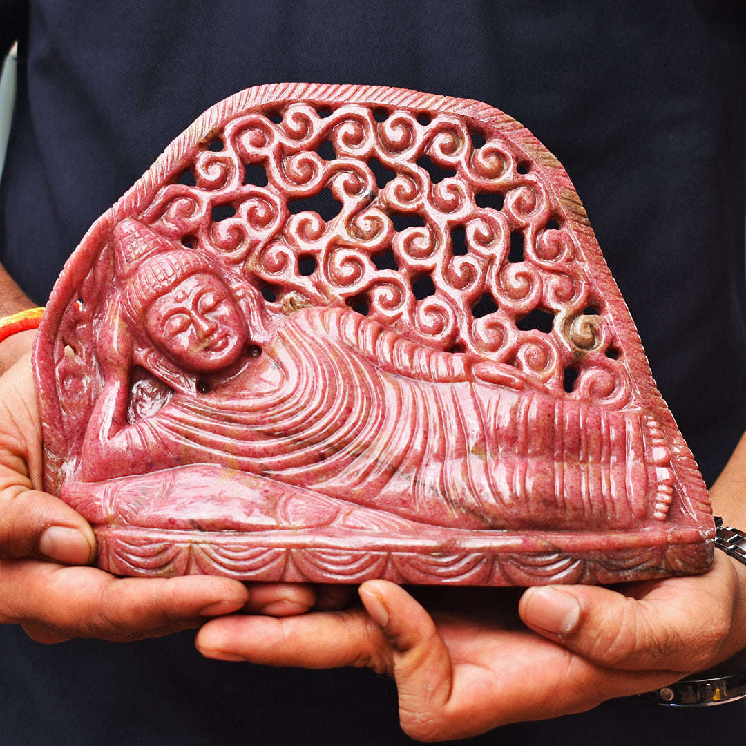 gemsmore:Exclusive 11550.00  Cts  Genuine Rhodonite Hand Carved Genuine Crystal Gemstone Carving Sleeping Lord Buddha