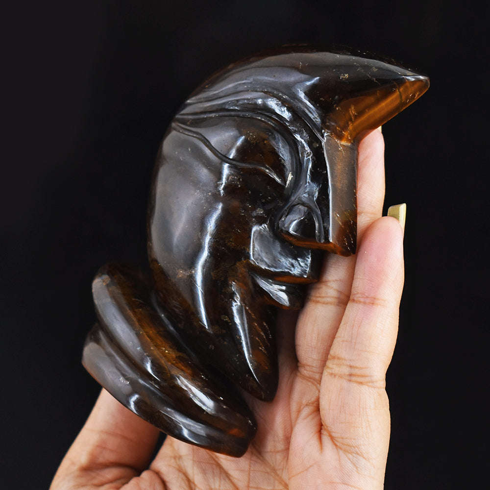 gemsmore:Exclusive 1181.00  Cts Genuine Tiger Eye Moon With Stand Hand Carved Gemstone Carving
