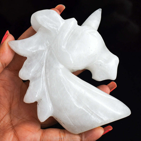 gemsmore:Exclusive 1373.00 Cts  White  Quartz  Hand  Carved  Crystal Gemstone  Carving Unicorn Head
