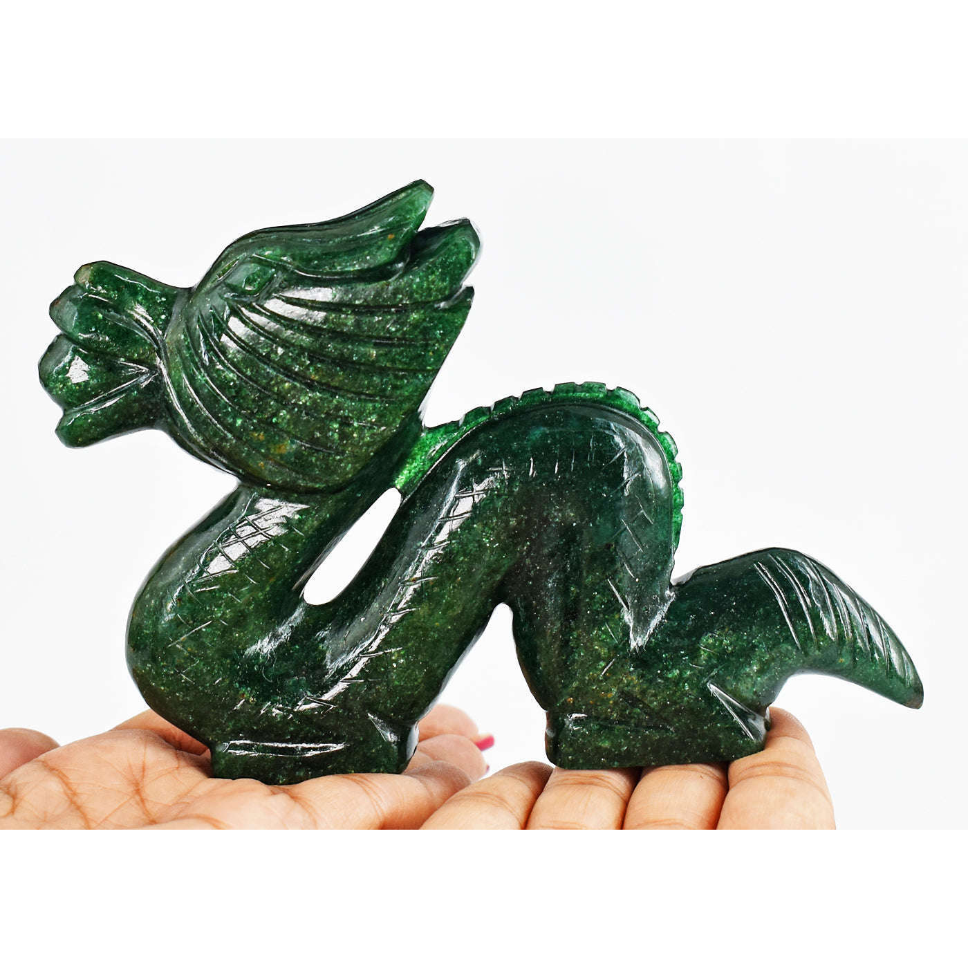 gemsmore:Exclusive  1533.00 Cts  Genuine  Green Jade  Hand Carved  Gemstone  Dragon  Carving