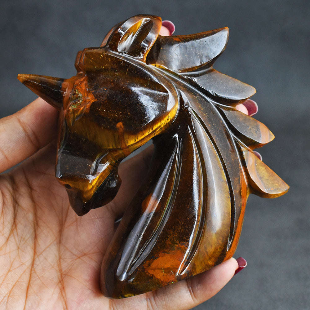 gemsmore:Exclusive 1586.00  Carats  Genuine  Golden  Tiger Eye Hand  Carved  Unicorn Head Carving
