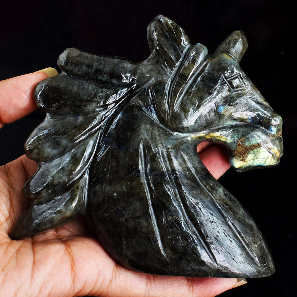 gemsmore:Exclusive 1775.00  Cts  Labradorite  Hand Carved  Unicorn Head Gemstone Carving