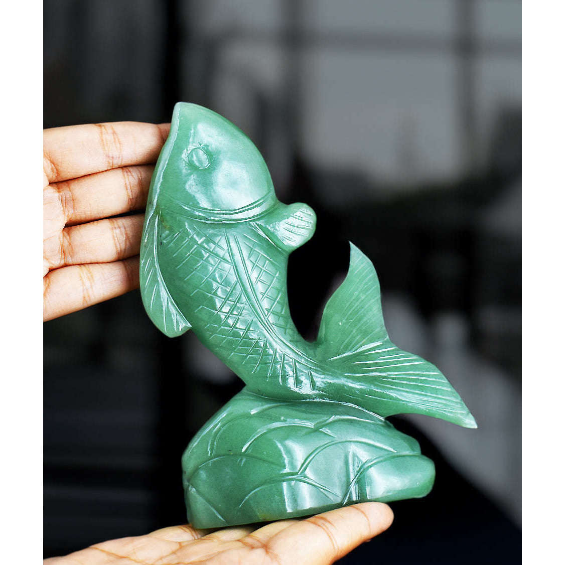 gemsmore:Exclusive  1972.00 Cts Genuine Green Aventurine Hand Carved Crystal Gemstone Fish Carving