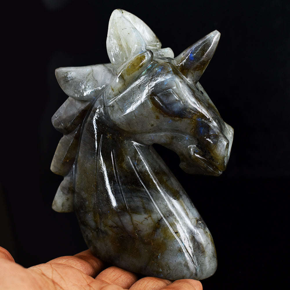 gemsmore:Exclusive 1989.00  Cts Blue Flash  Labradorite  Hand Carved  Unicorn Head Gemstone Carving