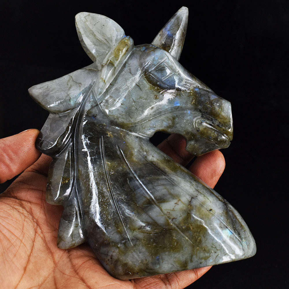 gemsmore:Exclusive 1989.00  Cts Blue Flash  Labradorite  Hand Carved  Unicorn Head Gemstone Carving