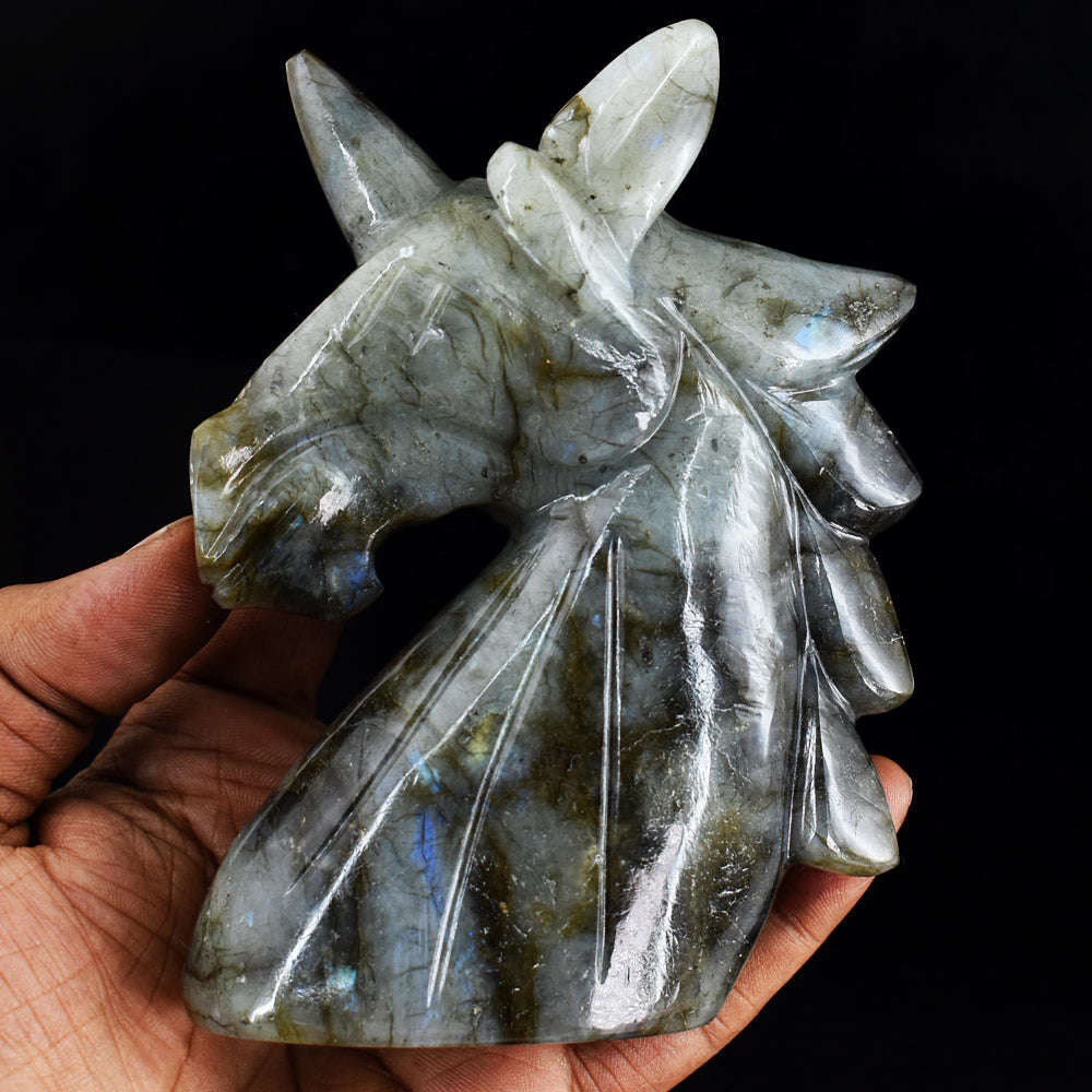 gemsmore:Exclusive 1989.00  Cts Blue Flash  Labradorite  Hand Carved  Unicorn Head Gemstone Carving