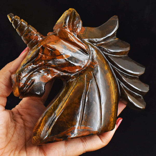 gemsmore:Exclusive  2515.00  Carats  Genuine  Golden  Tiger Eye Hand  Carved  Unicorn Head  Carving