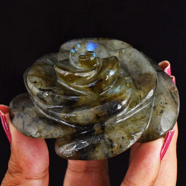 gemsmore:Exclusive  Blue  Flash  Labradorite  597.00 Cts Genuine Hand  Carved  Rose  Gemstone  Carving