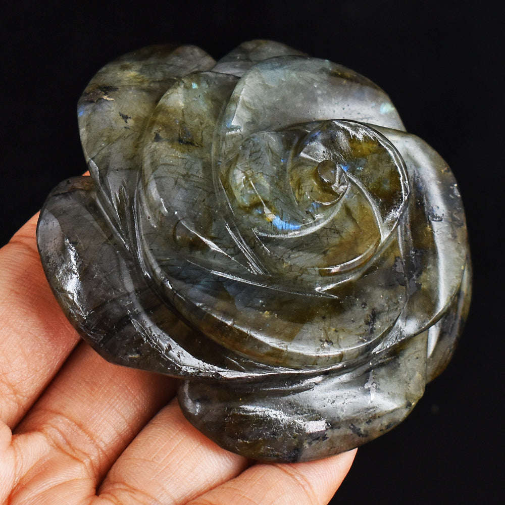 gemsmore:Exclusive  Blue  Flash  Labradorite  597.00 Cts Genuine Hand  Carved  Rose  Gemstone  Carving