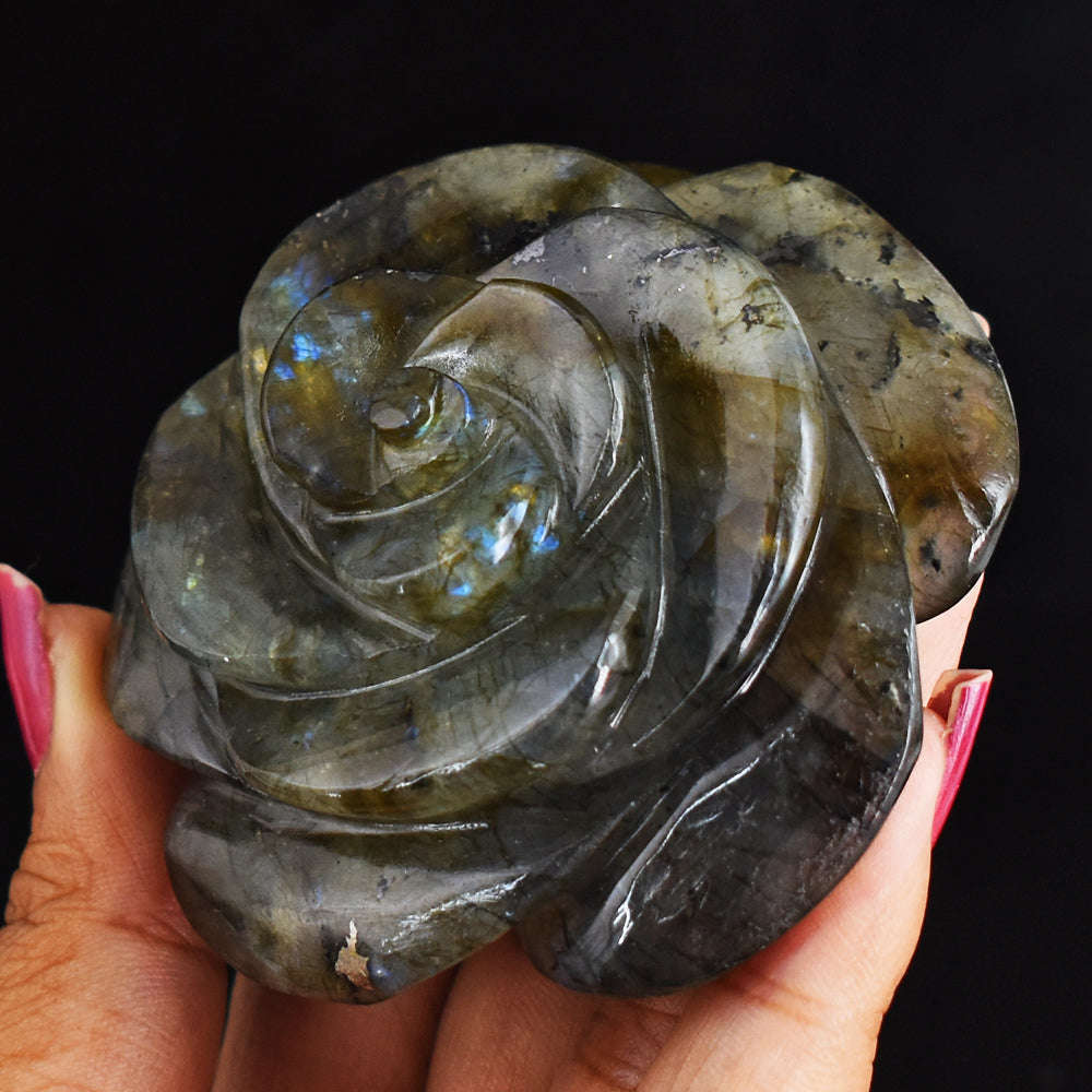 gemsmore:Exclusive  Blue  Flash  Labradorite  597.00 Cts Genuine Hand  Carved  Rose  Gemstone  Carving
