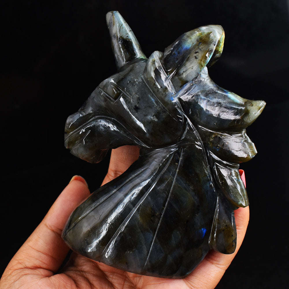 gemsmore:Exclusive  Blue Flash Labradorite  Hand Carved  1509.00 Cts  Unicorn Head Gemstone Carving