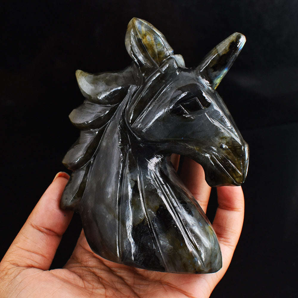 gemsmore:Exclusive  Blue Flash Labradorite  Hand Carved  1509.00 Cts  Unicorn Head Gemstone Carving