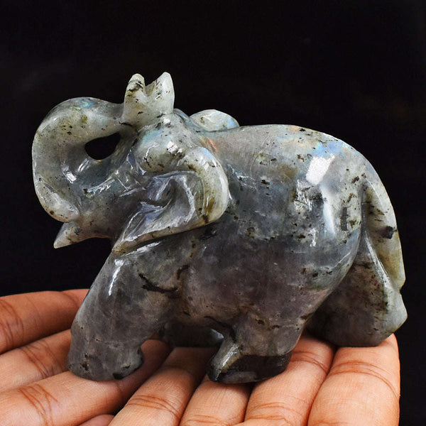 gemsmore:Exclusive Blue Flash Labradorite  Hand Carved Genuine Crystal Gemstone Carving Elephant