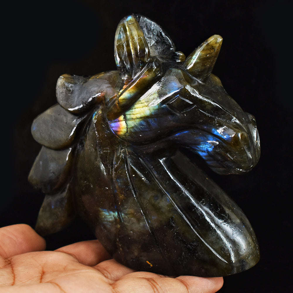 gemsmore:Exclusive  Blue & Golden Flash Labradorite  Hand Carved  2077.00 Cts  Unicorn Head Gemstone Carving