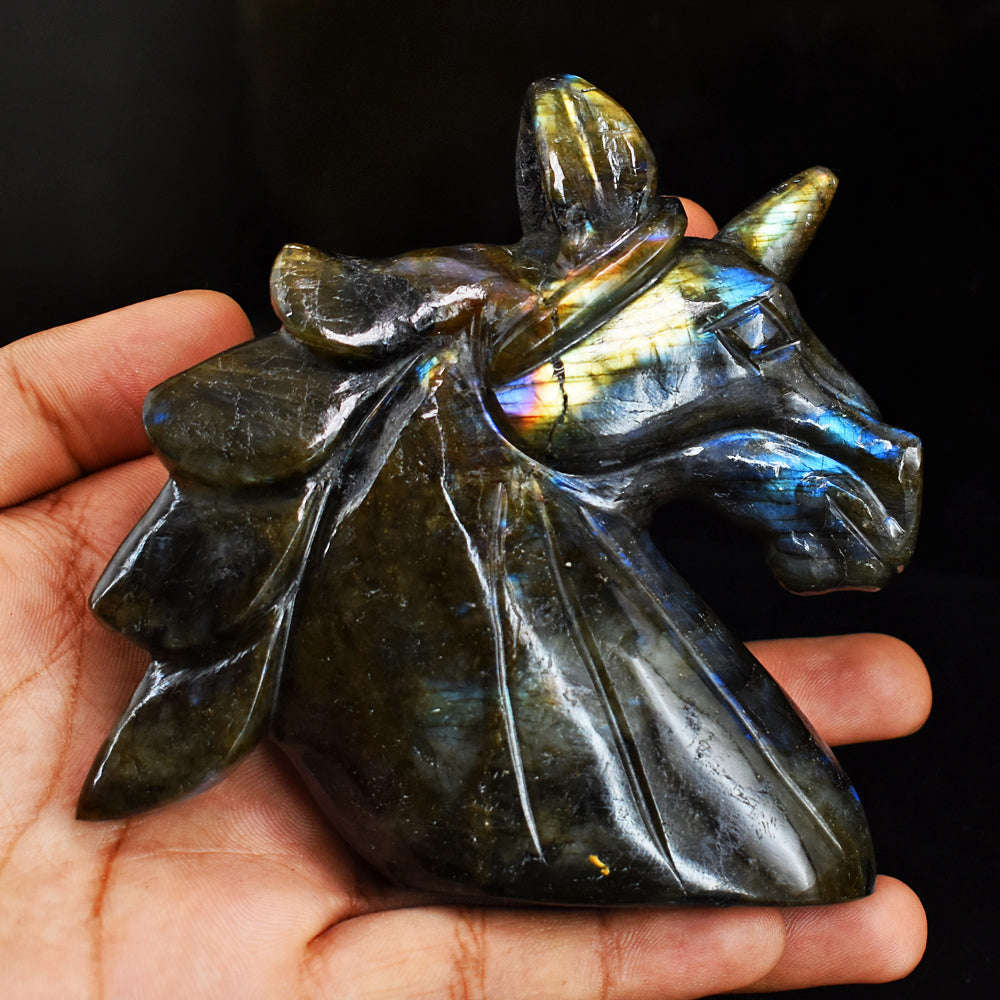 gemsmore:Exclusive  Blue & Golden Flash Labradorite  Hand Carved  2077.00 Cts  Unicorn Head Gemstone Carving